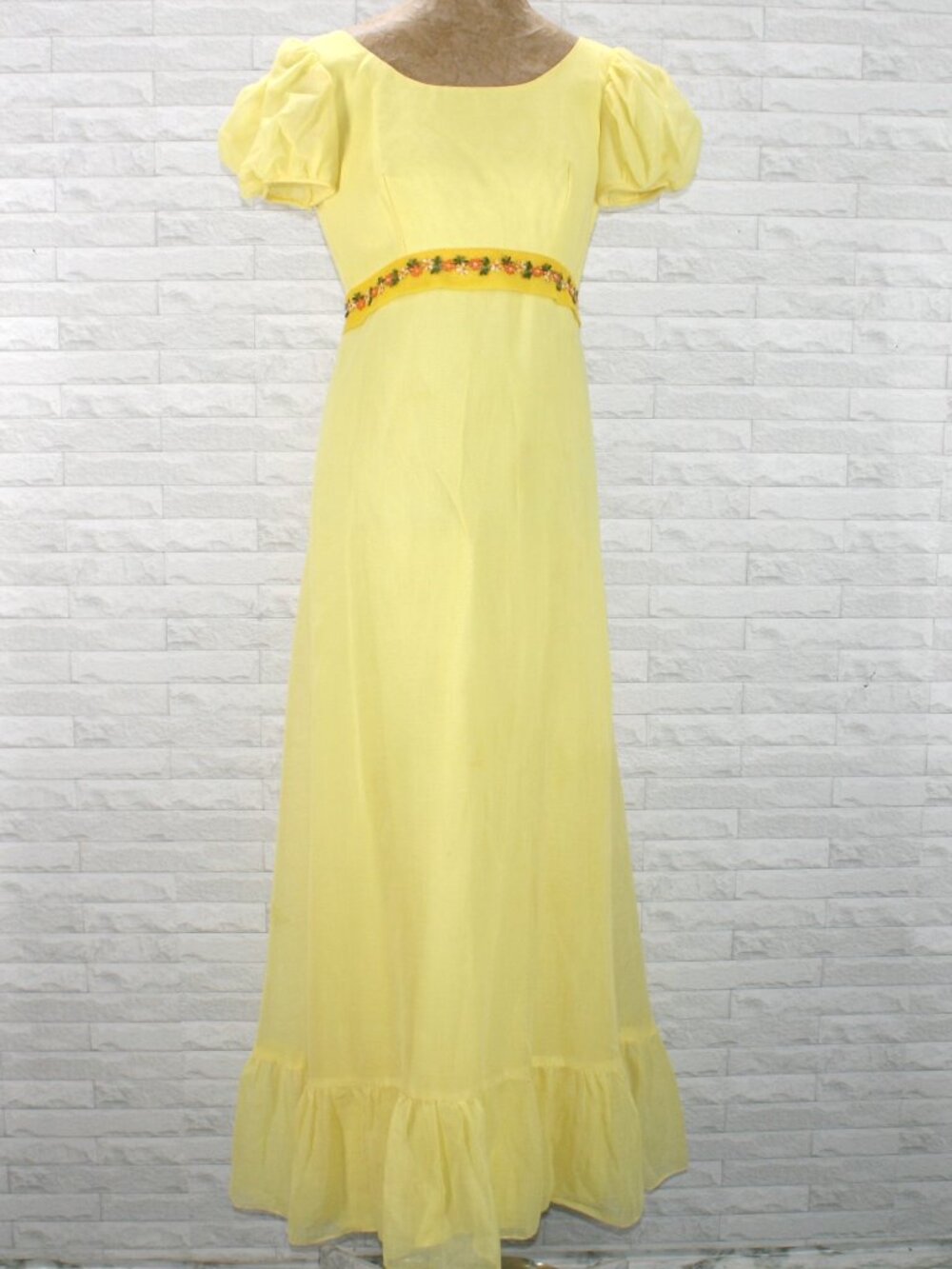 HANDMADE VINTAGE Dress Maxi Southern Belle Retro Ruffle Puff Sleeve Yellow
